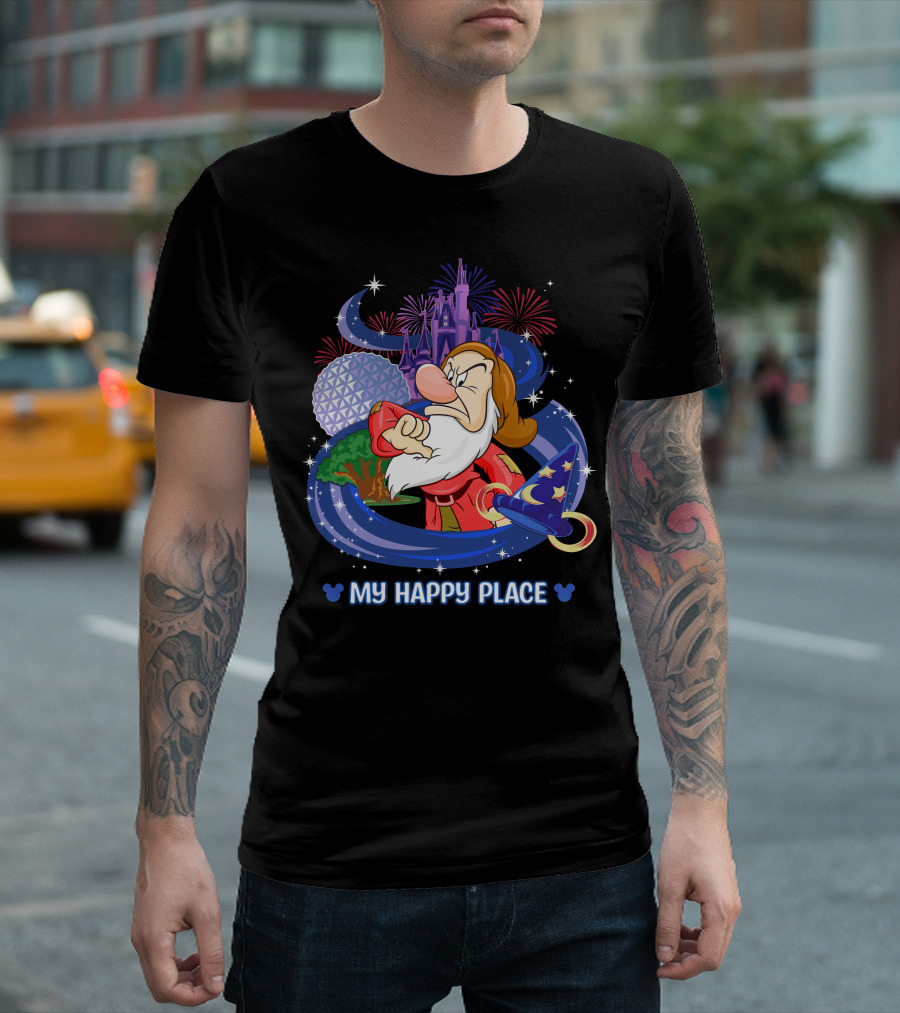Grumpy My Happy Place Disney Castle Fireworks Epcot Sorcerer Hat T-Shirt
