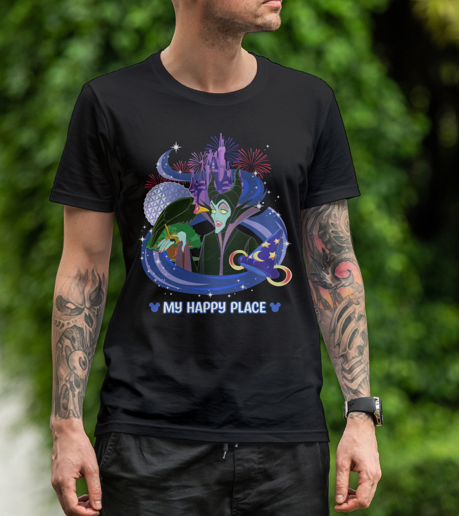 Maleficent My Happy Place Disney Castle Fireworks Mickey Sorcerer Hat T-Shirt