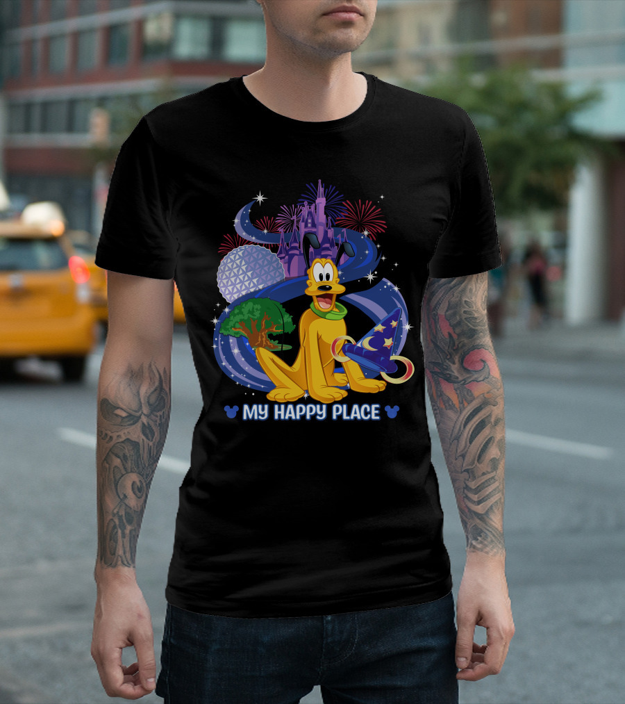 Disney Pluto My Happy Place Disney Castle Fireworks Epcot Disney Mickey Sorcerer Hat T-Shirt