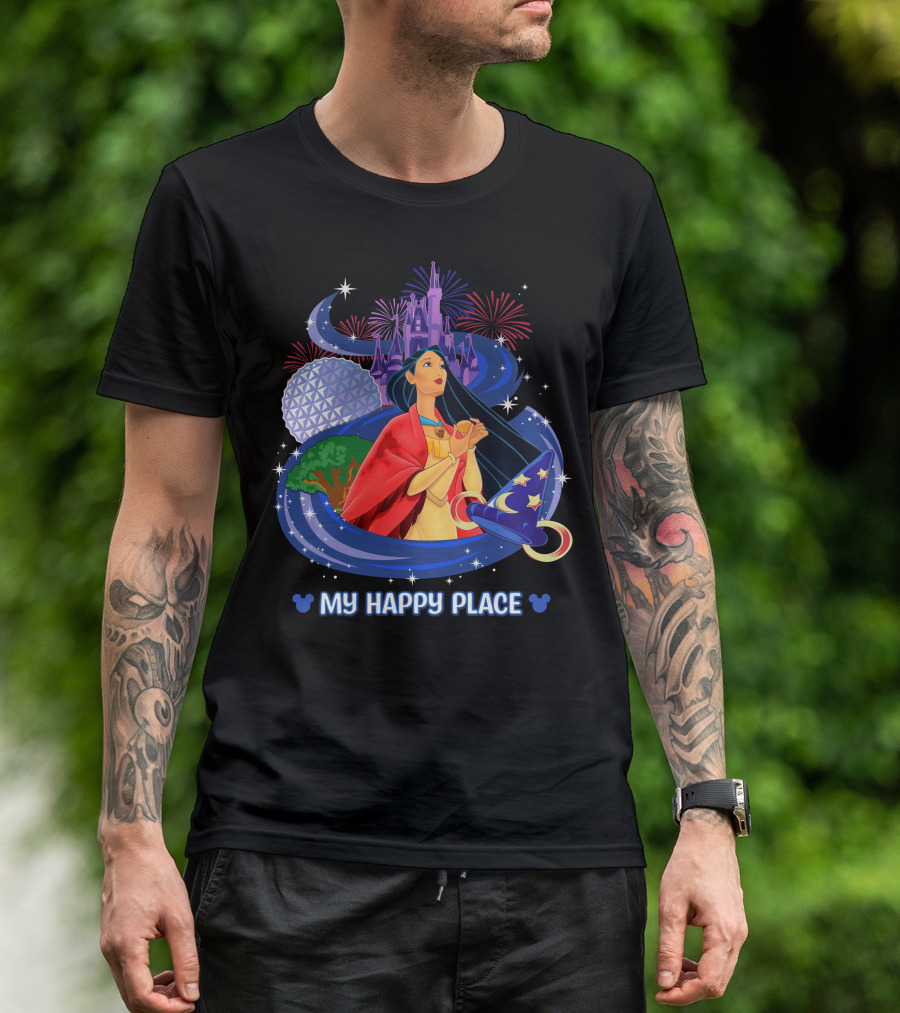 Pocahontas Disney My Happy Place Castle Fireworks Sorcerer Hat Epcot T-Shirt