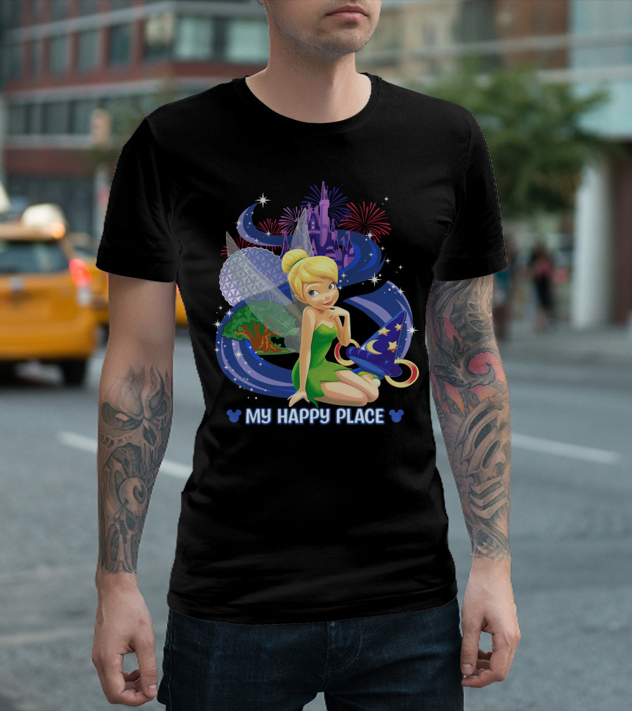 Tinker Bell My Happy Place Disney Castle Epcot Fireworks Wizard Hat T-Shirt