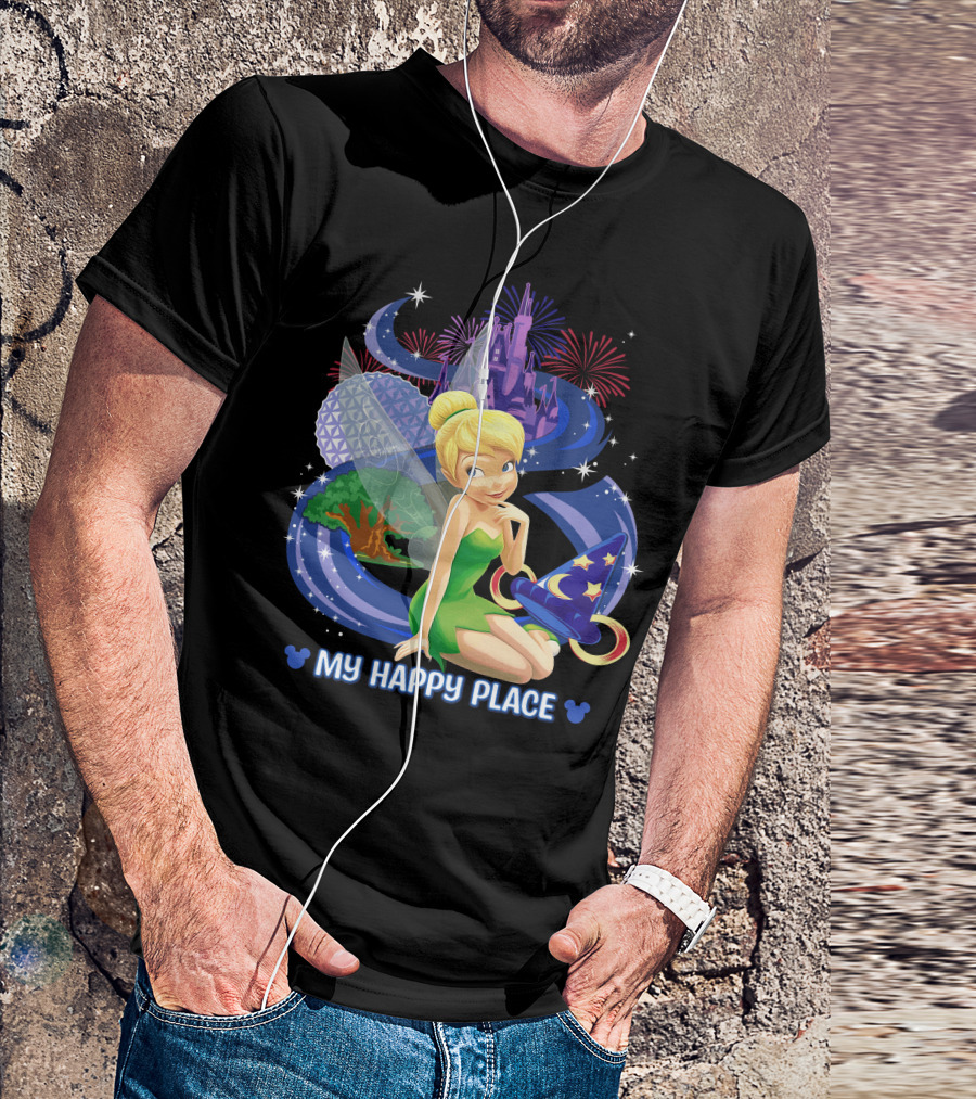 Tinker Bell My Happy Place Disney Castle Epcot Fireworks Wizard Hat T-Shirt