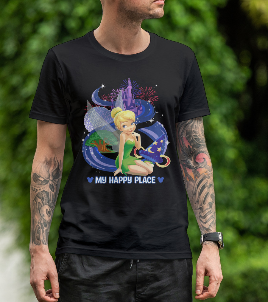 Tinker Bell My Happy Place Disney Castle Epcot Fireworks Wizard Hat T-Shirt