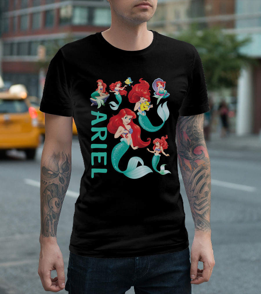 Ariel Mermaid Adventures With Flounder And Shell In Blue Teal Letters T-Shirt