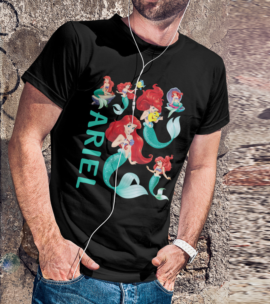 Ariel Mermaid Adventures With Flounder And Shell In Blue Teal Letters T-Shirt