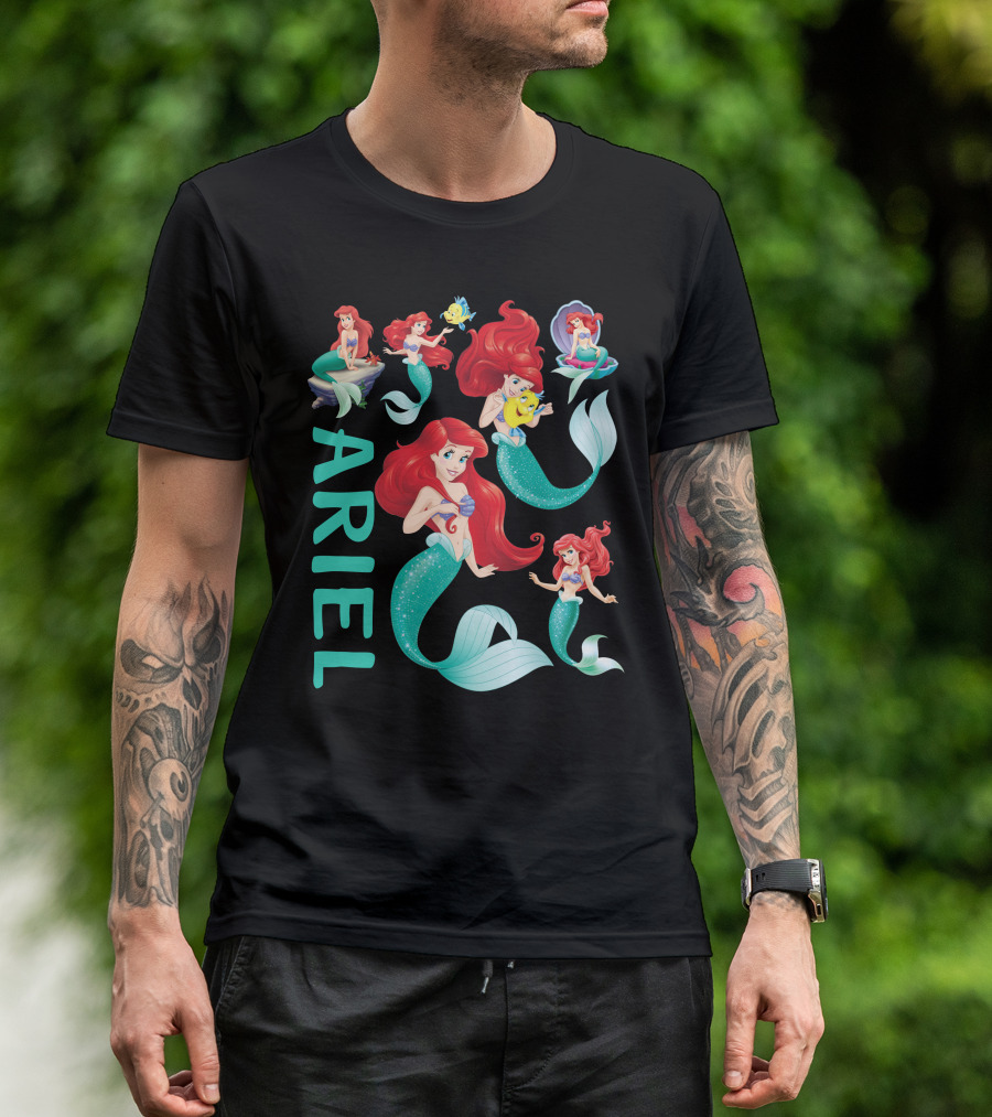 Ariel Mermaid Adventures With Flounder And Shell In Blue Teal Letters T-Shirt