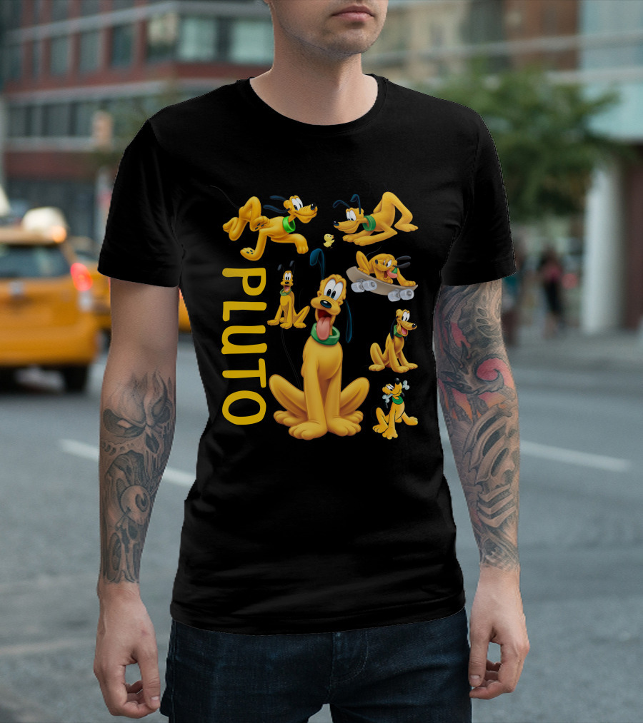 Pluto Character Poses Collection With Skateboarding And Chewy Bone T-Shirt