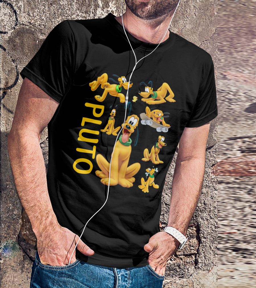 Pluto Character Poses Collection With Skateboarding And Chewy Bone T-Shirt
