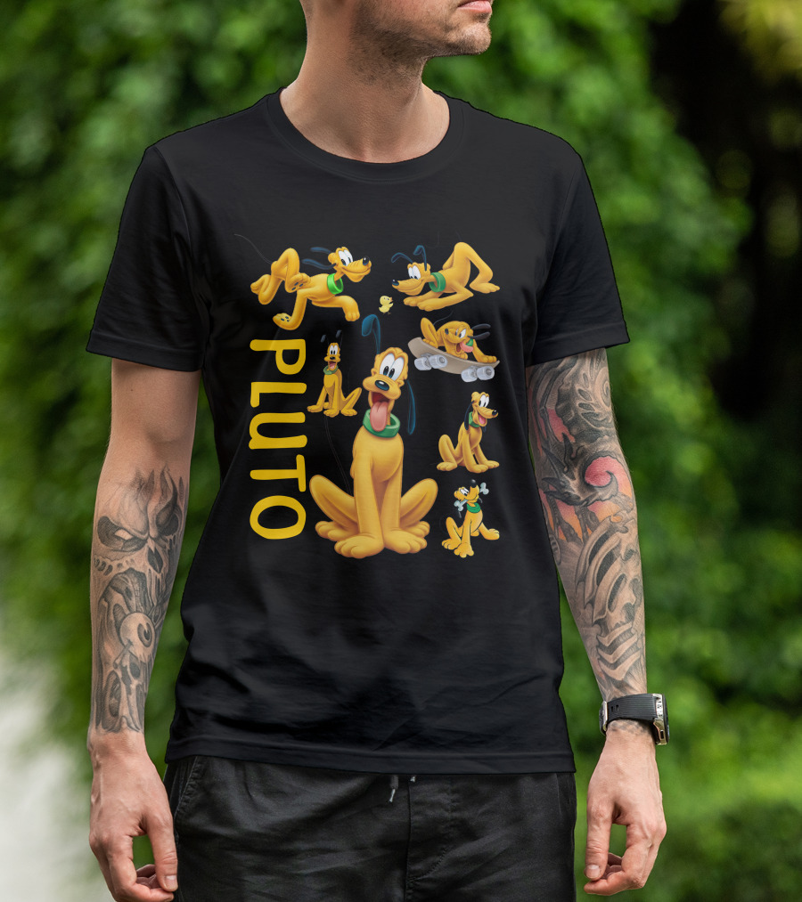 Pluto Character Poses Collection With Skateboarding And Chewy Bone T-Shirt