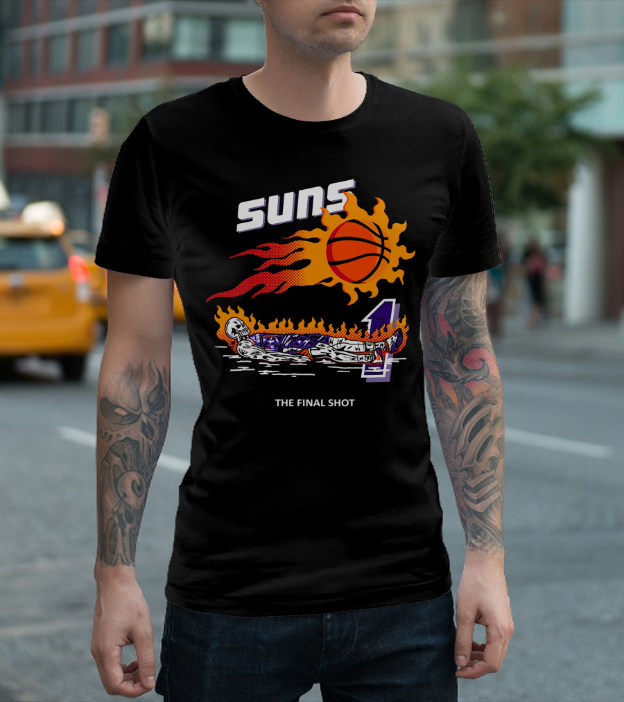 Suns The Final Shot Flaming Basketball Skeleton T-Shirt