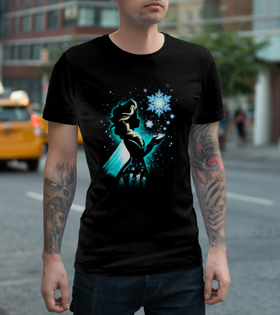 Elsa Silhouette With Snowflakes And Winter Scene T-Shirt