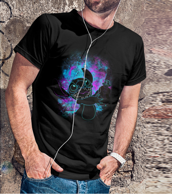 Stitch Neon Glow Playing Guitar Art T-Shirt