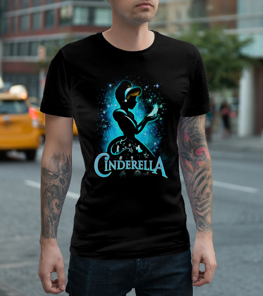 Cinderella Silhouette Holding Glass Slipper With Enchanted Blue Starry T-Shirt