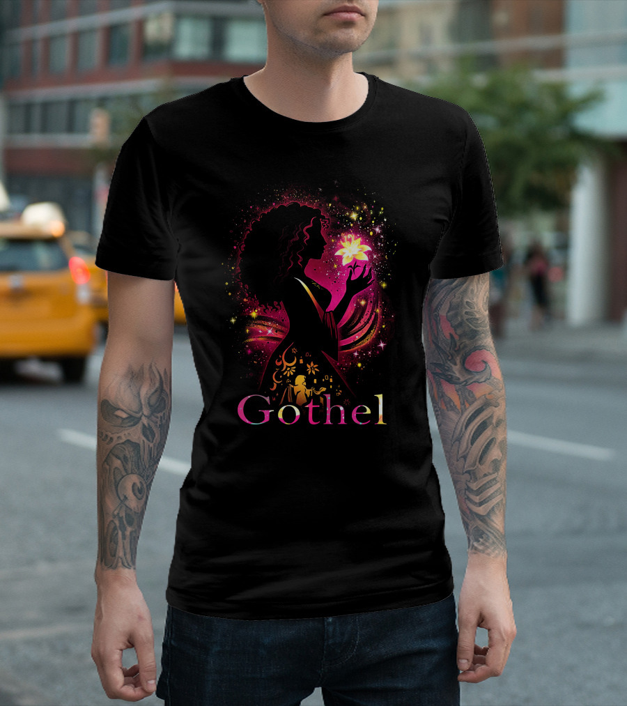 Gothel Silhouette With Glowing Flower And Cosmic Background T-Shirt