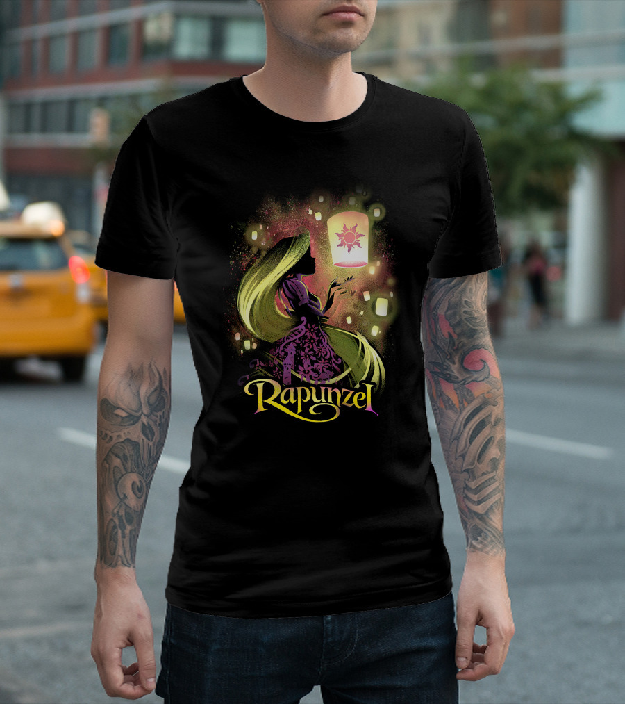 Rapunzel Lantern Silhouette With Glowing Hair And Floating Lights T-Shirt