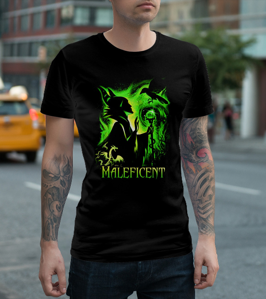 Maleficent Green Silhouette With Dragon Raven And Staff T-Shirt