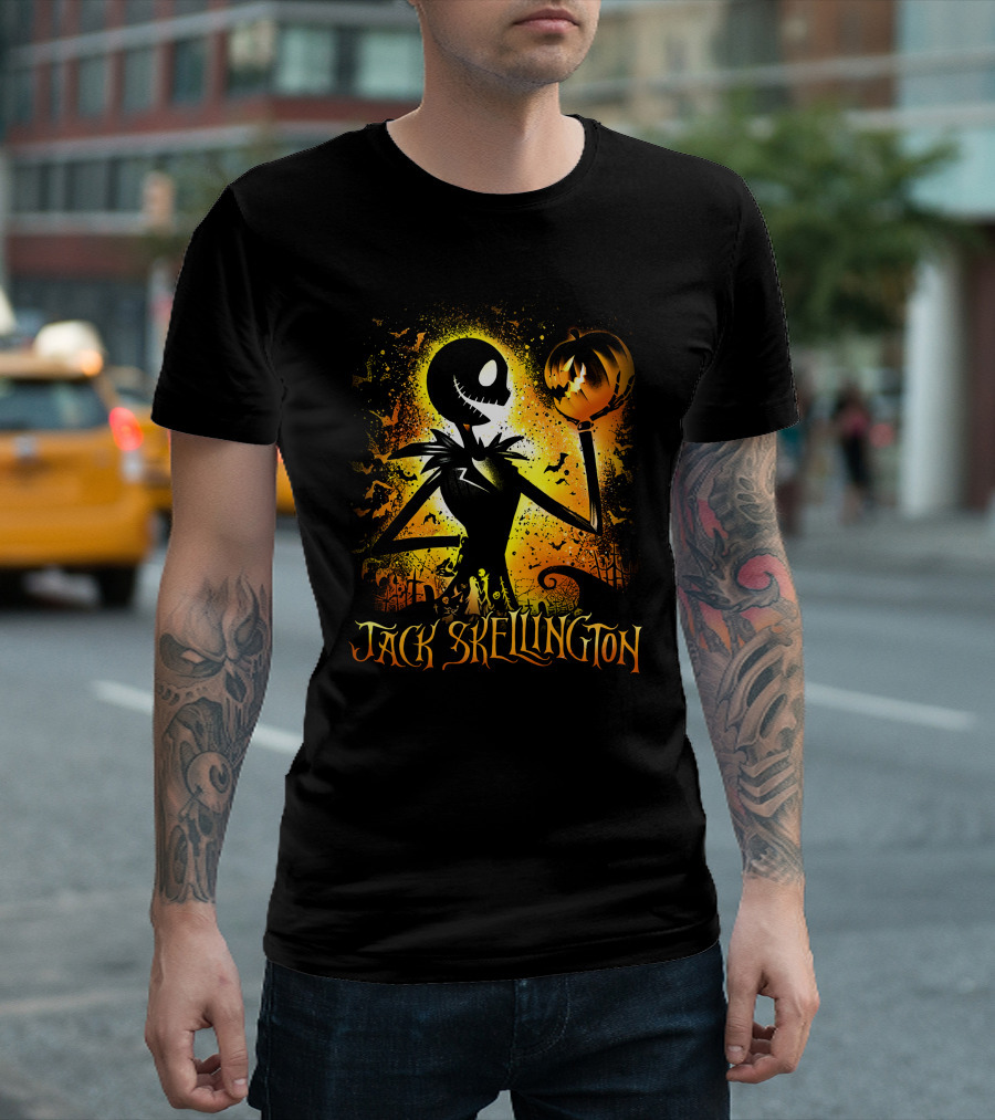 Jack Skellington Holding Pumpkin In Halloween Scene With Bats And Graveyard T-Shirt