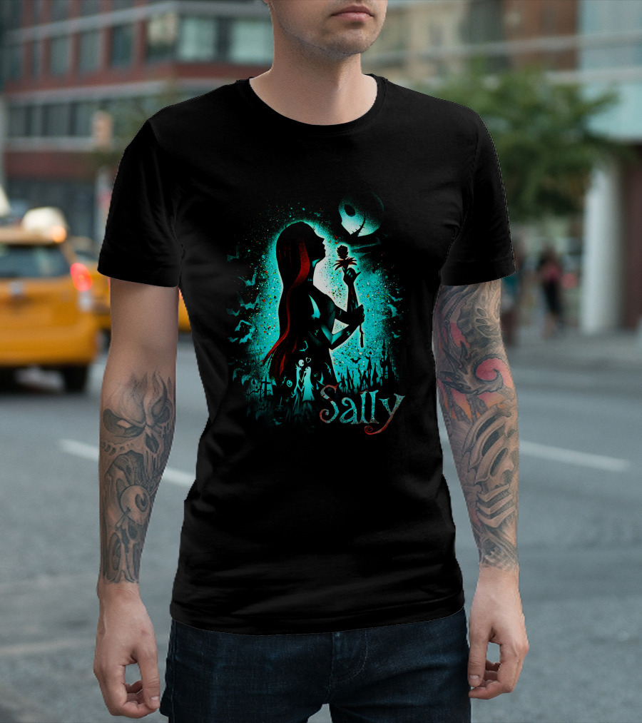Sally Nightmare Before Christmas Silhouette with Rose and Jack Skellington T-Shirt