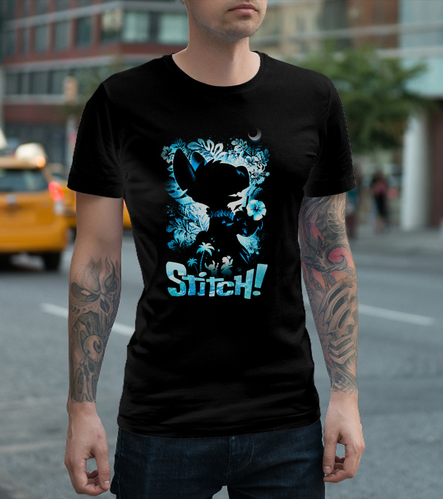 Stitch Tropical Silhouette With Palm Trees And Flowers T-Shirt