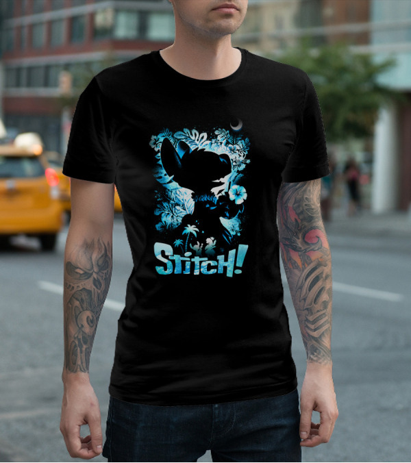 Stitch Tropical Silhouette With Palm Trees And Flowers T-Shirt