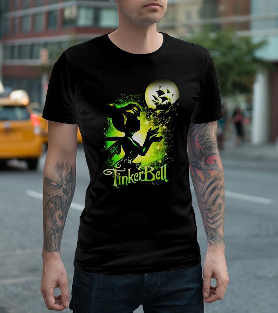 Tinker Bell Silhouette With Ship And Crescent Moon Magic Glow T-Shirt