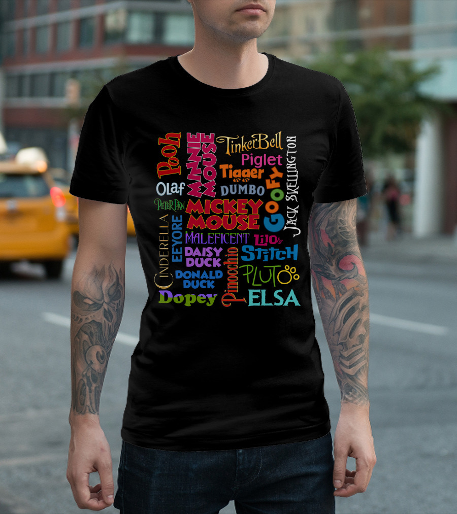 Disney Characters Names Tinker Bell Pooh Olaf Mickey Mouse Cinderella Goofy Elsa Jack Skellington T-Shirt