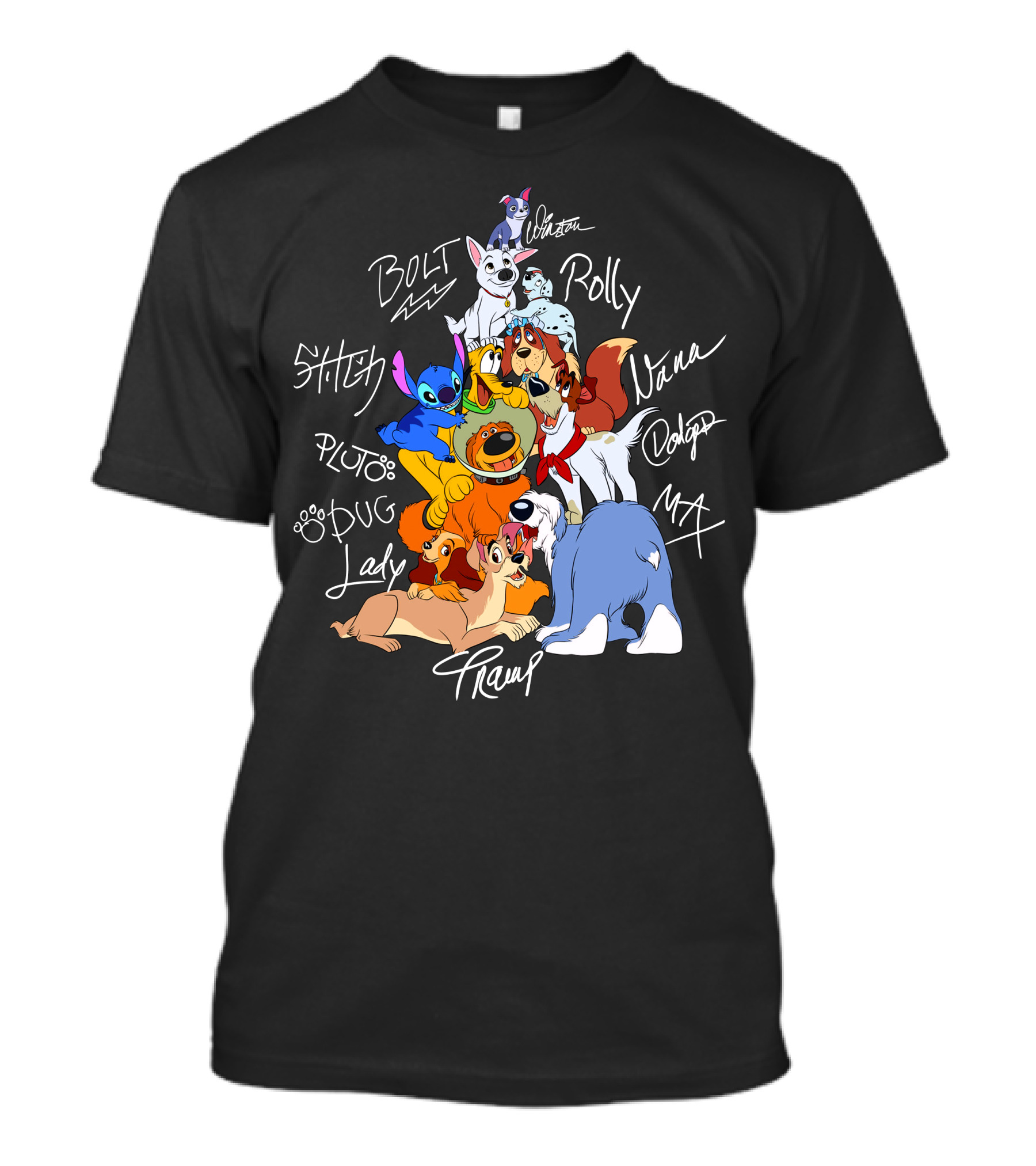 Disney Dogs Bolt Stitch Pluto Dug Lady Tramp Max Nana Dodger Rolly T-Shirt