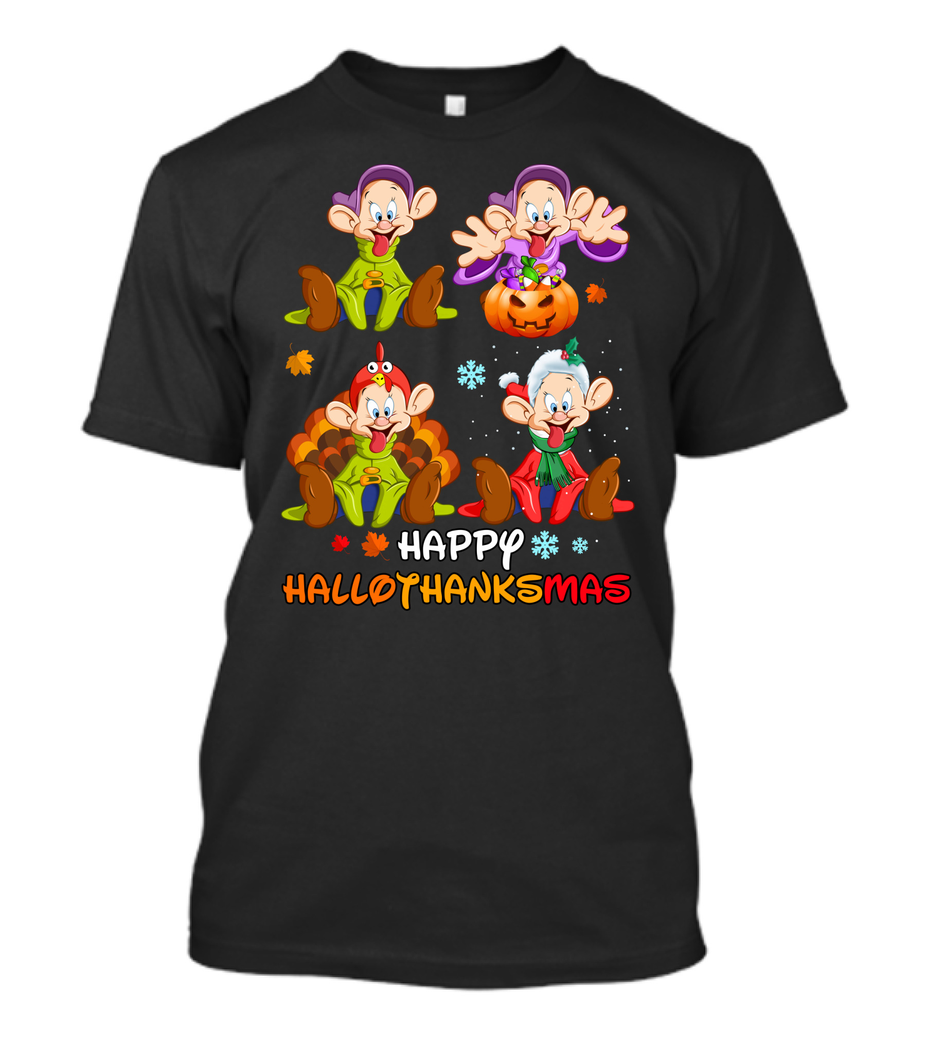 Happy Hallothanksmas Dopey Snow White Dwarfs Pumpkin Turkey Santa Hat T-Shirt