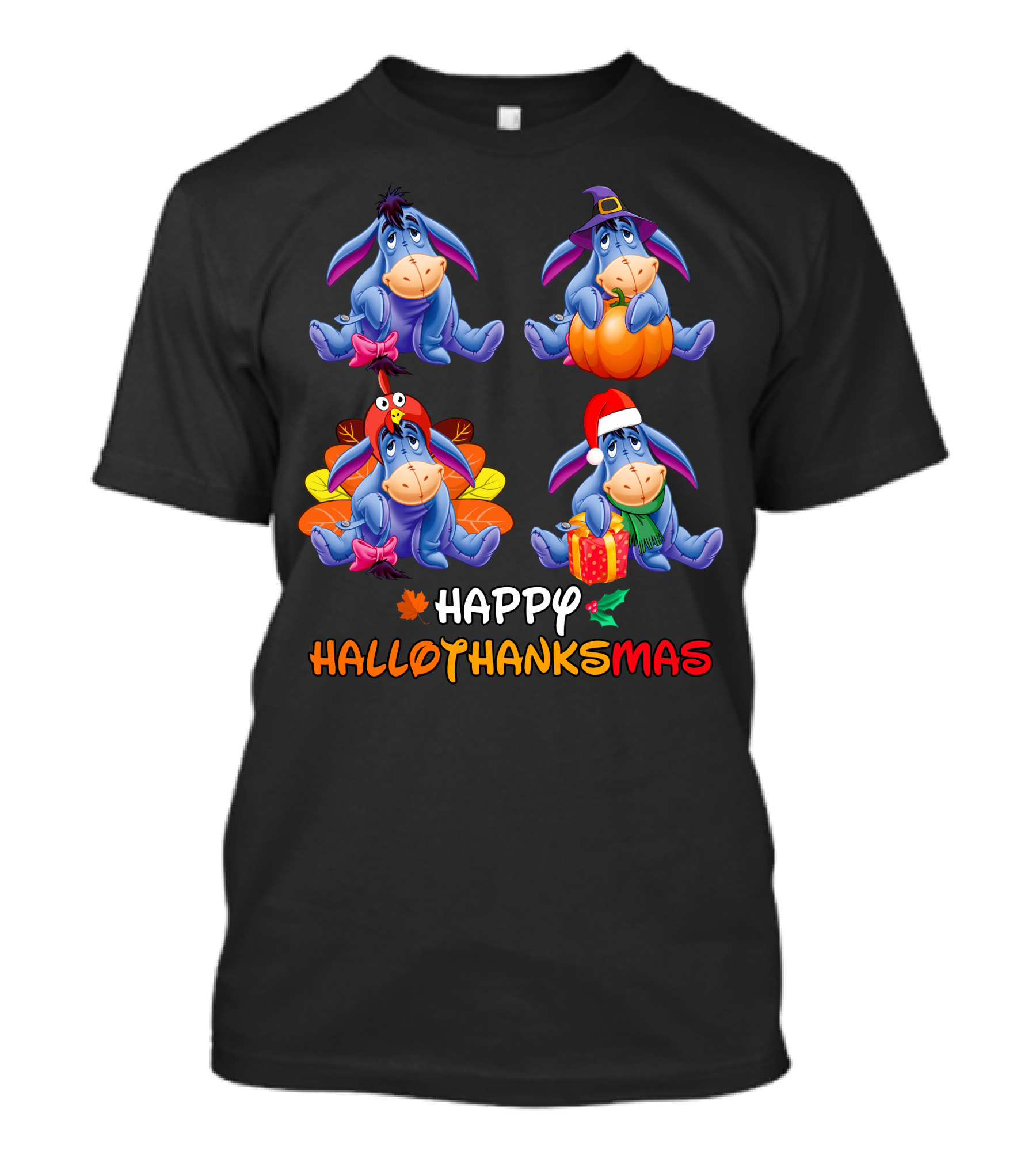 Ee Happy Hallothanksmas Eeyore With Pumpkin Turkey Hat Santa Hat T-Shirt