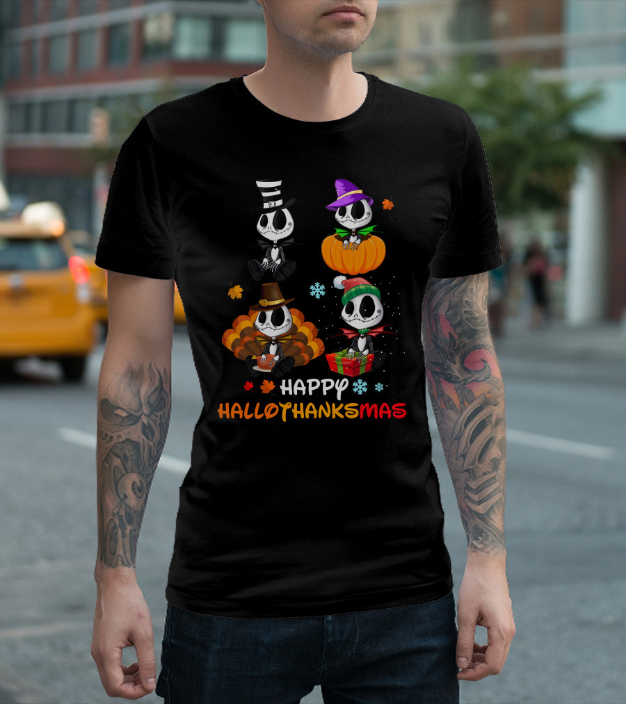 Happy Hallothanksmas Skeletons In Festive Hats Pumpkin Turkey Gift T-Shirt