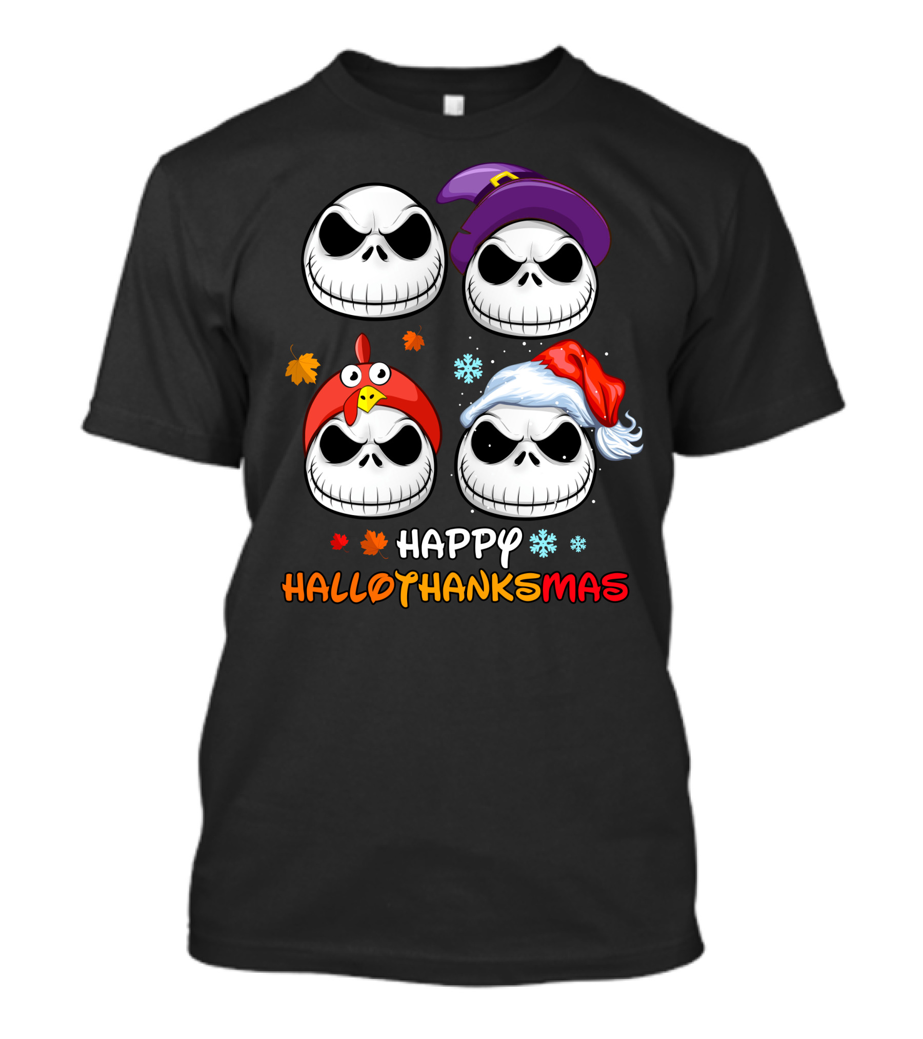 Happy Hallothanksmas Skeleton Faces With Witch Turkey Santa Hats T-Shirt