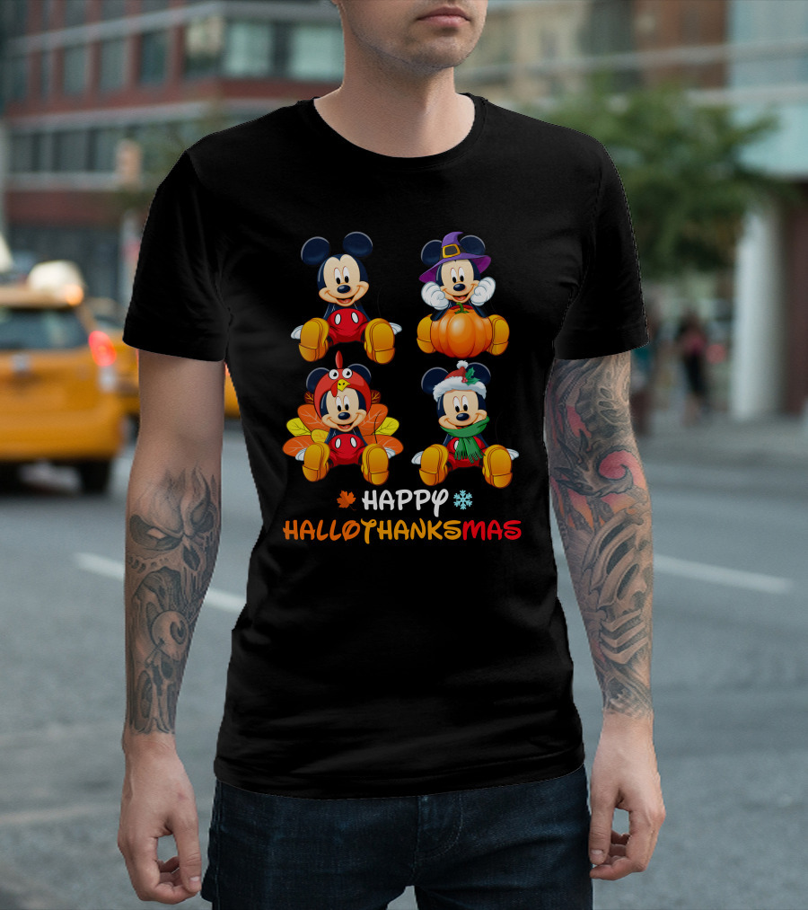 Happy Hallothanksmas Mickey In Halloween Thanksgiving And Christmas Outfits T-Shirt