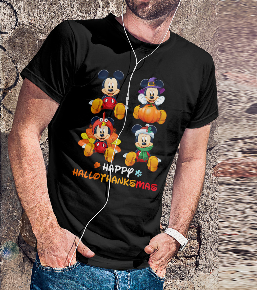 Happy Hallothanksmas Mickey In Halloween Thanksgiving And Christmas Outfits T-Shirt