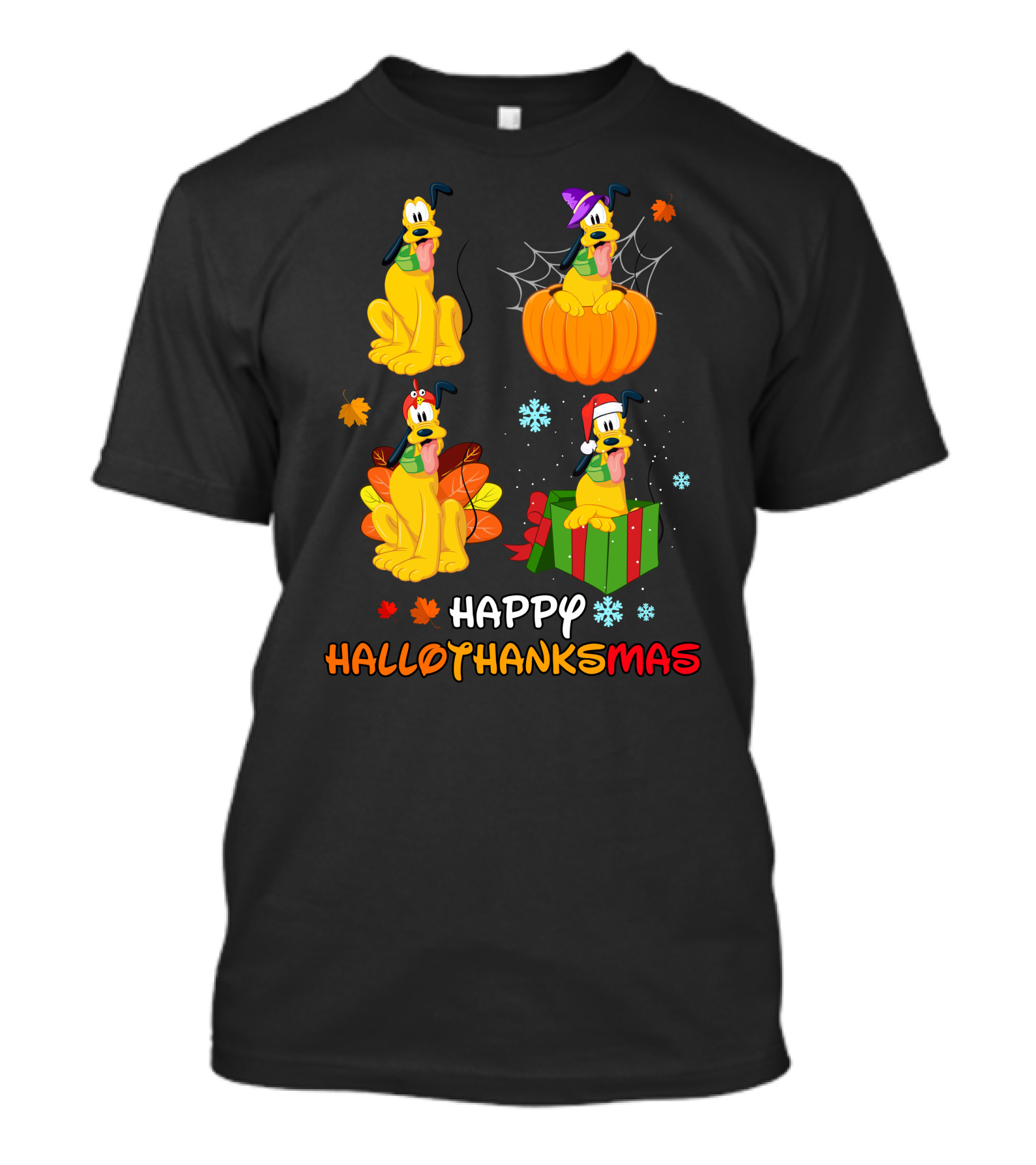 Happy Hallowthanksmas Pluto Pumpkin Leaves Present Snowflakes T-Shirt