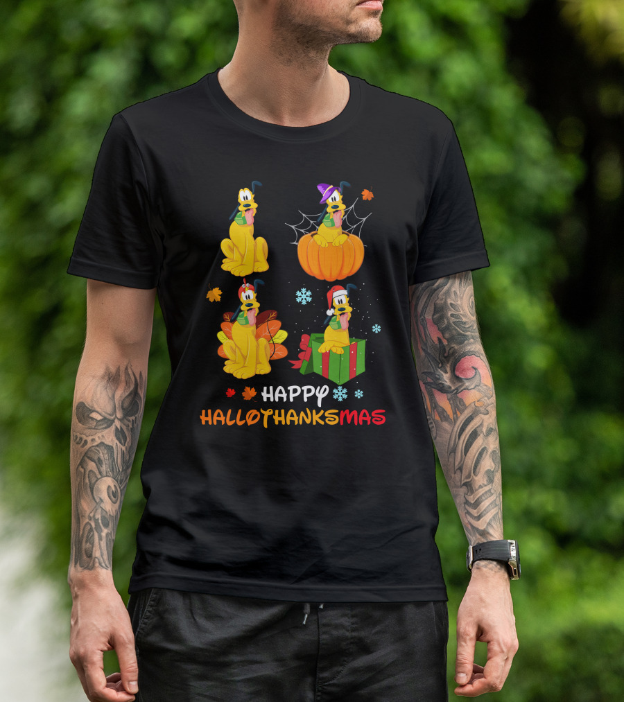 Happy Hallowthanksmas Pluto Pumpkin Leaves Present Snowflakes T-Shirt