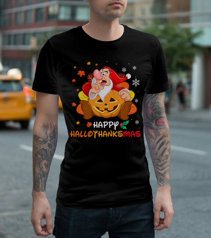 Happy Hallothanksmas Santa Dwarf With Pumpkin And Leaves T-Shirt