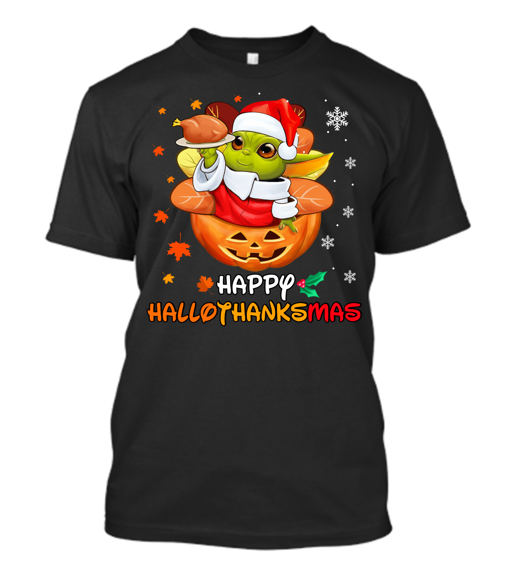 Happy Hallothanksmas Yd Santa Hat Pumpkin Turkey Snowflakes Leaves T-Shirt