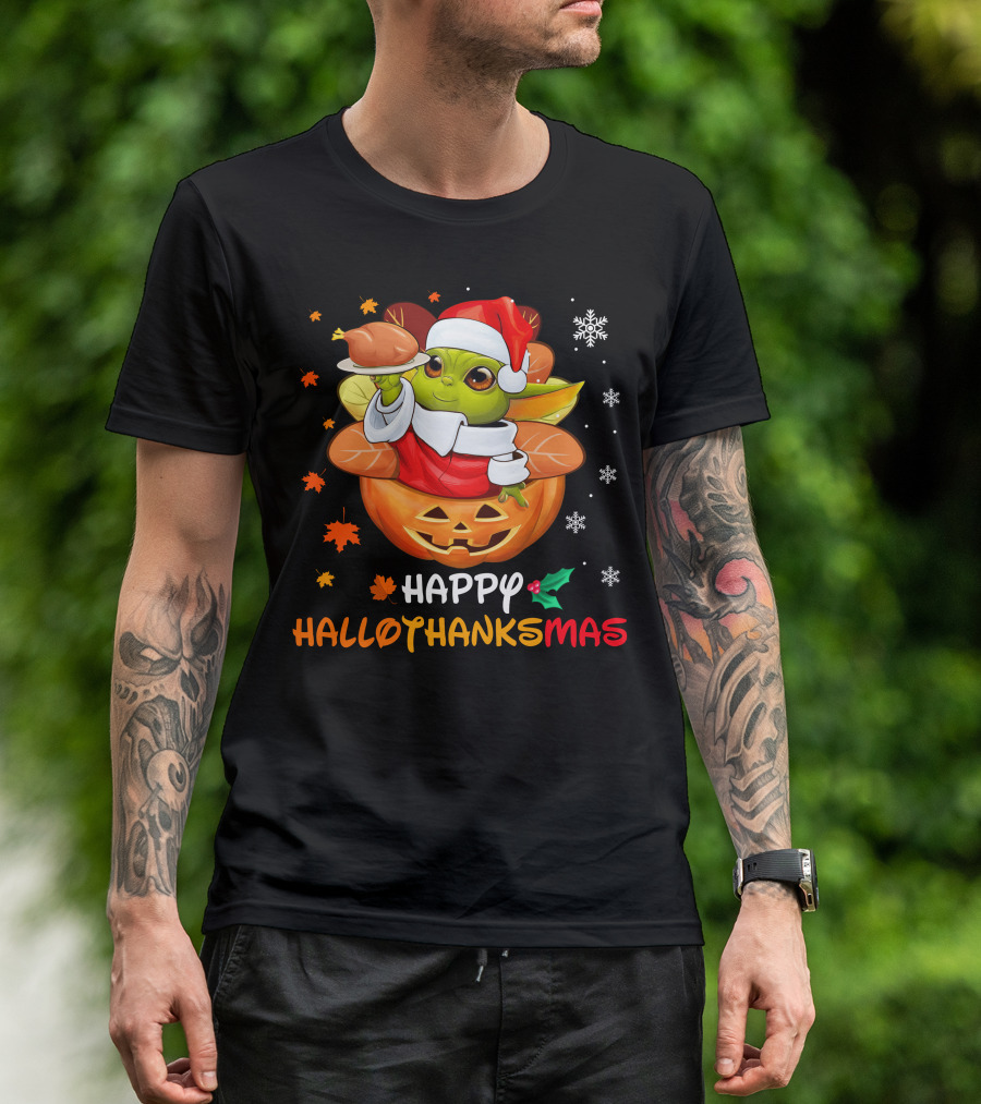 Happy Hallothanksmas Yd Santa Hat Pumpkin Turkey Snowflakes Leaves T-Shirt