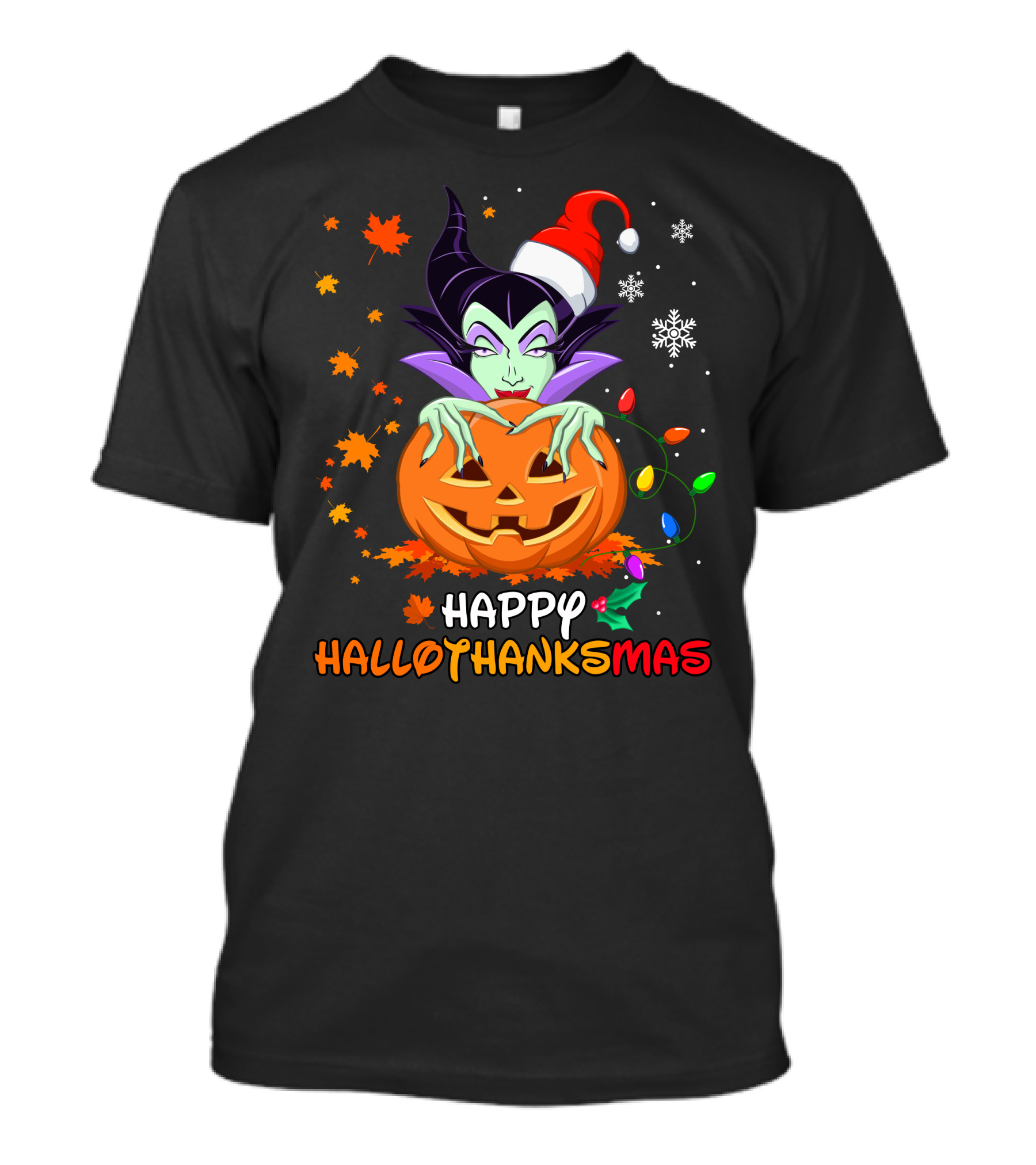 Happy Hallothanksmas Malicious Pumpkin Santa Hat Snowflakes Leaves And Lights T-Shirt