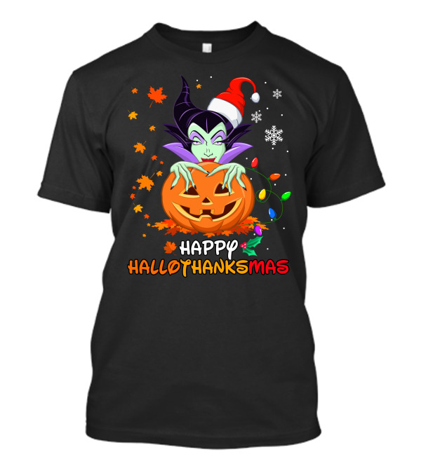 Happy Hallothanksmas Malicious Pumpkin Santa Hat Snowflakes Leaves And Lights T-Shirt