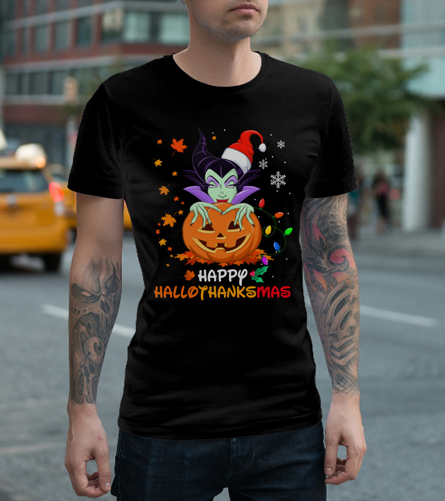 Happy Hallothanksmas Malicious Pumpkin Santa Hat Snowflakes Leaves And Lights T-Shirt