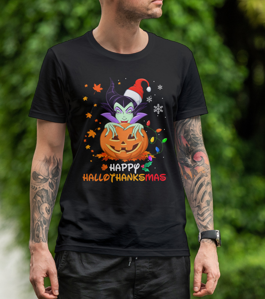 Happy Hallothanksmas Malicious Pumpkin Santa Hat Snowflakes Leaves And Lights T-Shirt