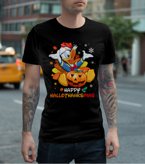 Happy Hallothanksmas Donald Duck Pumpkin Santa Hat Leaves Snowflakes T-Shirt
