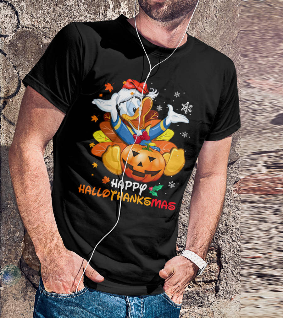 Happy Hallothanksmas Donald Duck Pumpkin Santa Hat Leaves Snowflakes T-Shirt