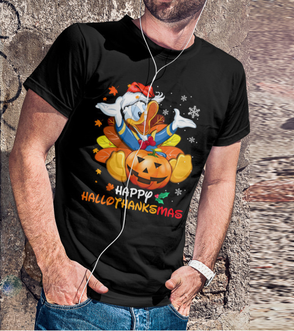 Happy Hallothanksmas Donald Duck Pumpkin Santa Hat Leaves Snowflakes T-Shirt