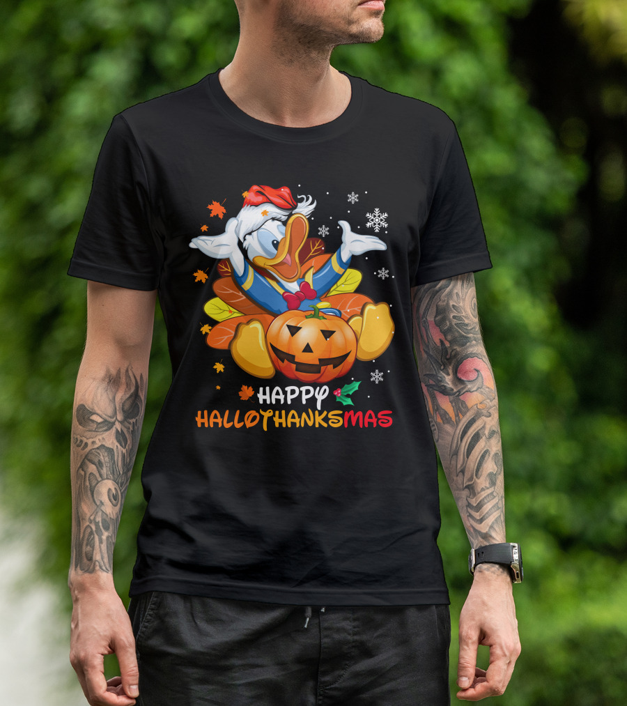 Happy Hallothanksmas Donald Duck Pumpkin Santa Hat Leaves Snowflakes T-Shirt