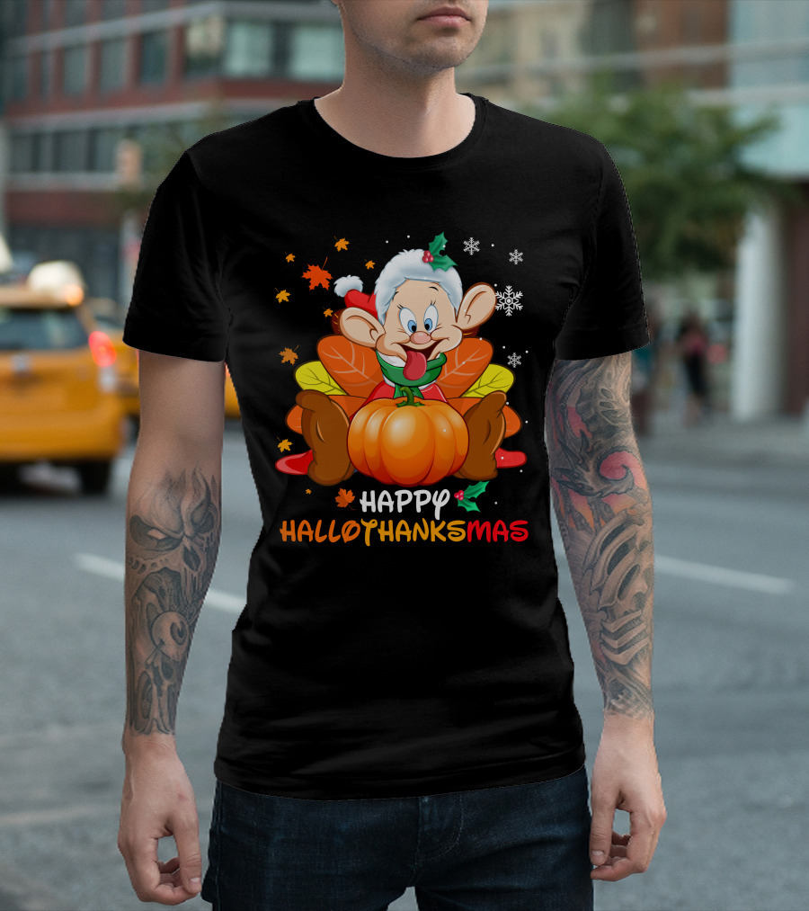 Happy Hallothanksmas Snow White Dwarf Thanksgiving Christmas Halloween T-Shirt