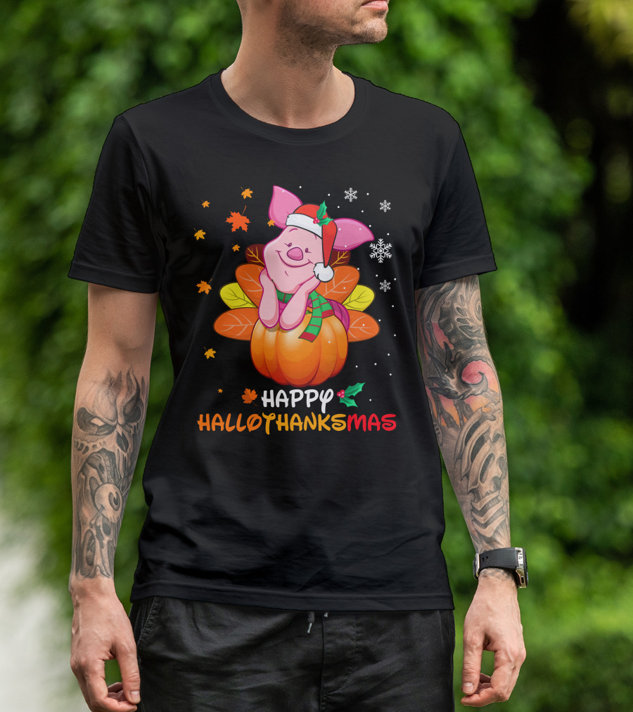 Happy Hallothanksmas Piglet In Pumpkin With Santa Hat And Scarf T-Shirt