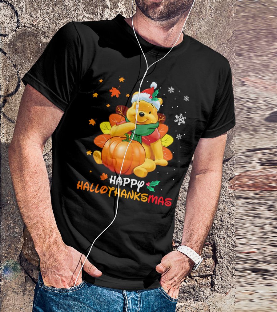 Happy Hallothanksmas Winnie Pumpkin Santa Hat Snowflakes T-Shirt