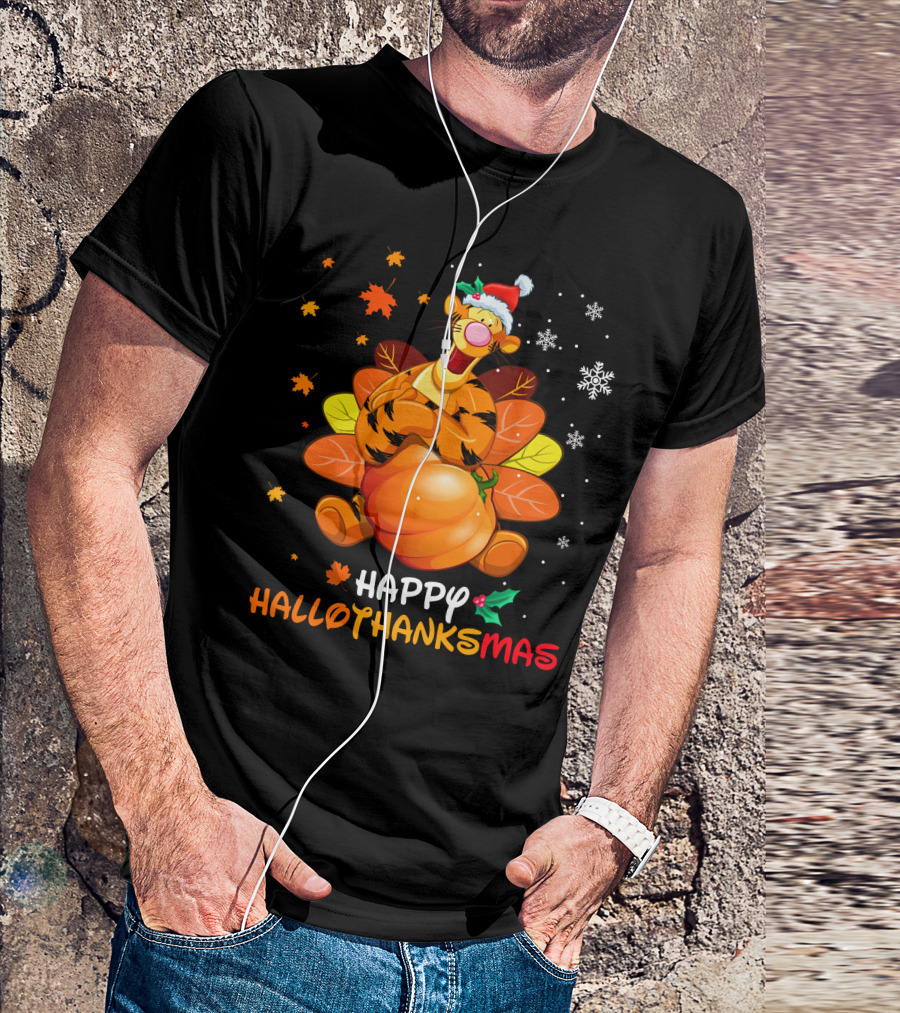Happy Hallothanksmas Tg Tiger With Pumpkin Santa Hat And Turkey Feathers Snowflakes And Autumn Leaves T-Shirt